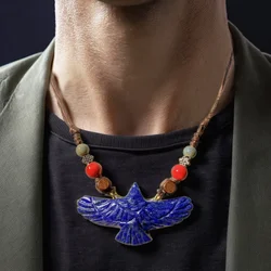 Natural Blue Lapis Lazuli Gemstone Crystal Brave Energy Eagle Carving Healing Necklace Pendant For Gift