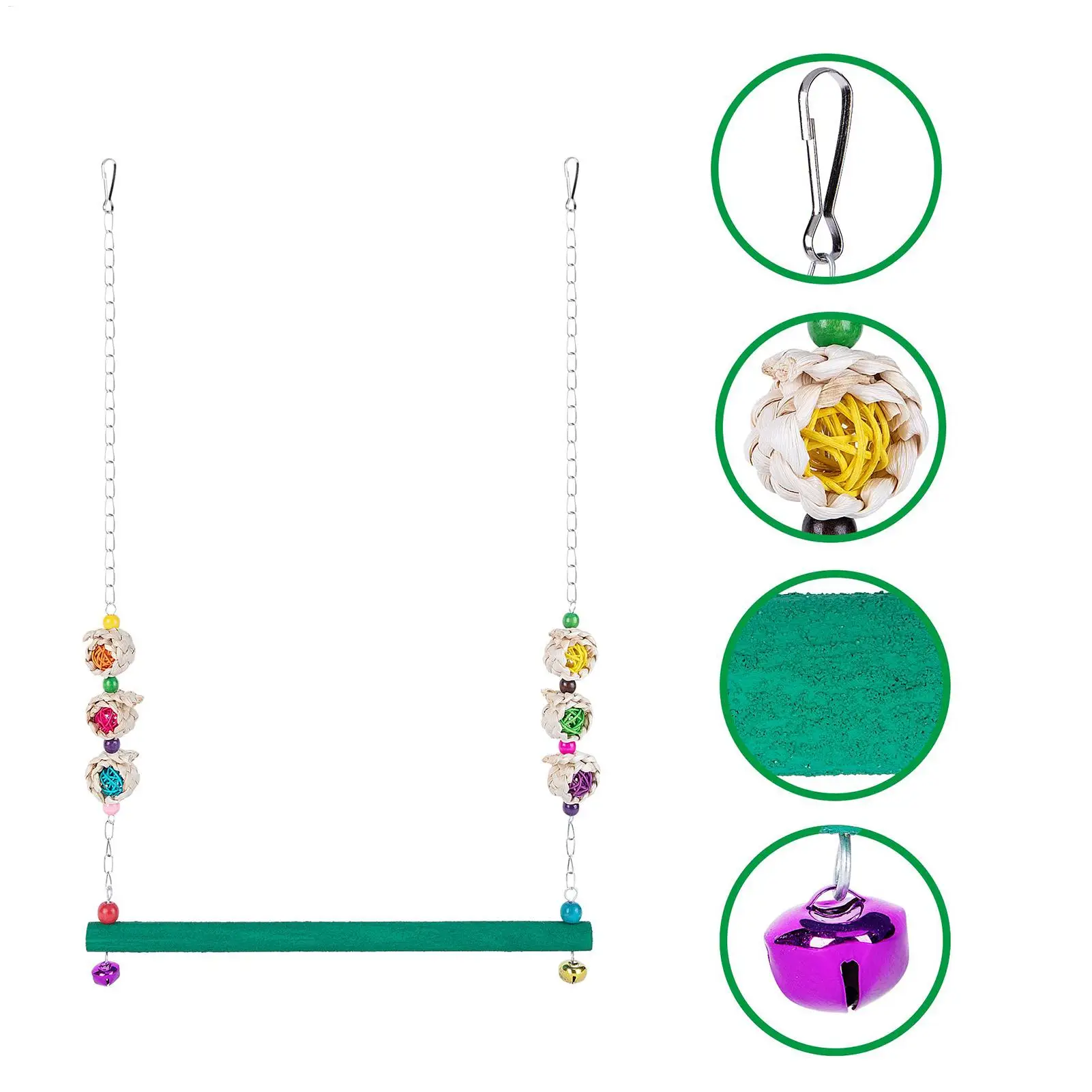 Качели для курятника с колокольчиком, игрушки для птиц с 2 шариками из ротанга, игрушка для попугая, деревянные качели для зябликов, попугаев, птицы, кореллы, мина