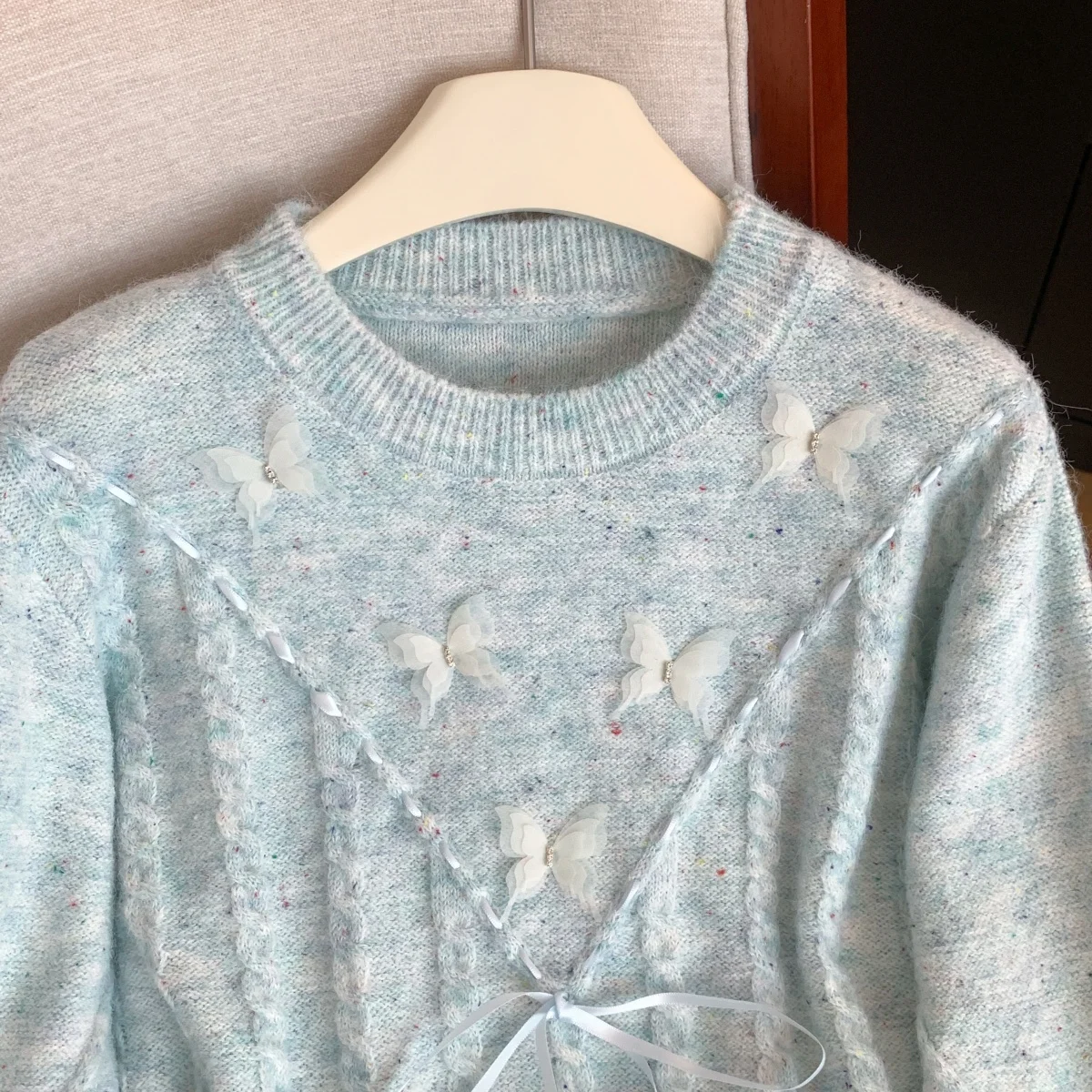 المرأة الضوء الأزرق البلوز سترة Y2k خمر 2000s البلوز متماسكة طويلة الأكمام س الرقبة فراشة سترة للنساء الخريف الشتاء #4