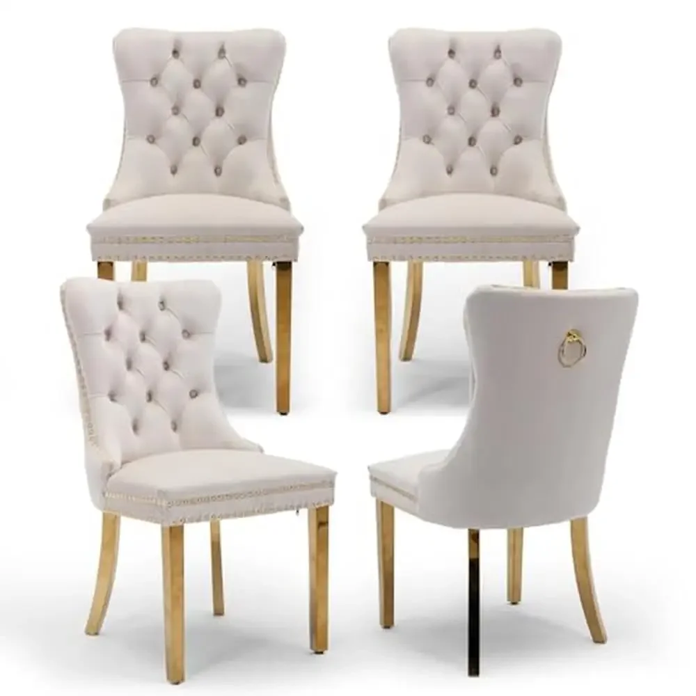 Set of 4 Velvet Upholstered Tufted Dining Chairs with Nailhead Trim and Gold Legs Modern Mid-Century Style Kitchen Side Chairs