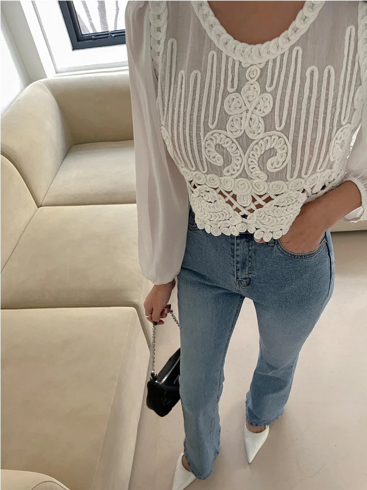 Spring Retro Women Pullover Shirt O-neck LongPuff Sleeves Slim Blouse Small Chiffon Crochet Hollow Out Short Top