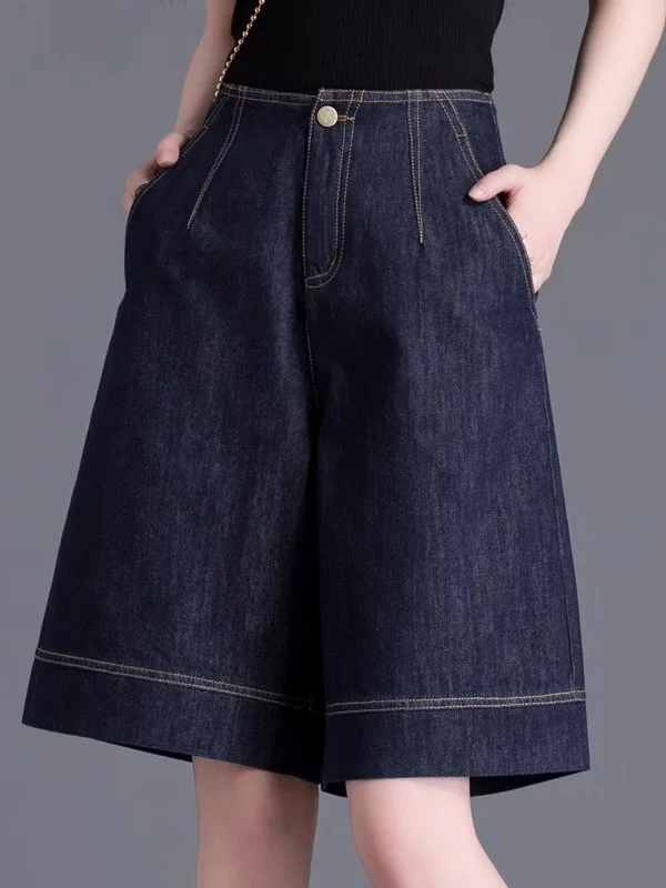 High Waist Denim Blue ort Pants Women's Summer Thin Wide Leg A-Line Slim Loose Straight Five-Quarter Pants Casual Sle