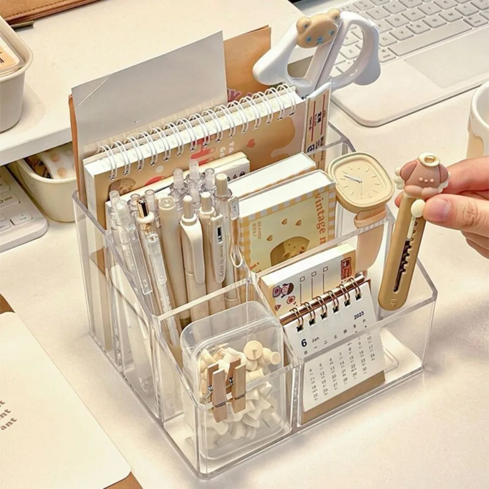 Trapezoidal 5-Grid Desk Organizer, Clear Multi-Compartment Storage Box for Pens, Notes, Facial Masks And Office Supplies