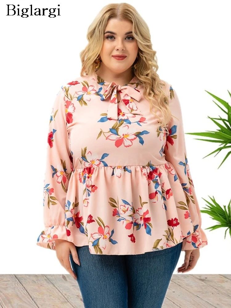 

Plus Size Spring Summer Pullover Tops Women Flower Floral Print Fashion Ruffle Pleated Ladies Blouses Long Sleeve Woman Tops