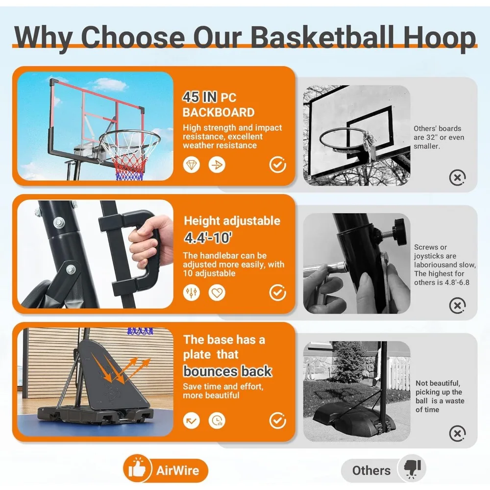 調節可能な屋内外兼用バスケットゴール 4.4～10フィート、耐衝撃性45インチバックボードとバスケットボール付き
