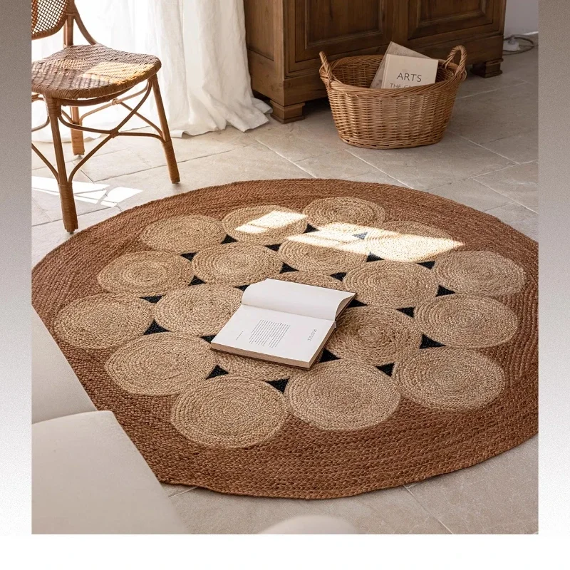 Premium jute hand-woven, retro medieval round carpet in living room and bedroom