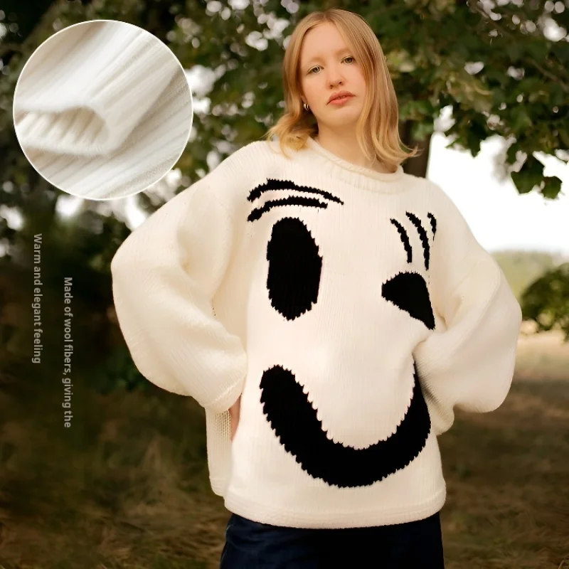 Smiley face printed loose knitted pullover cute embroidered lazy sweater