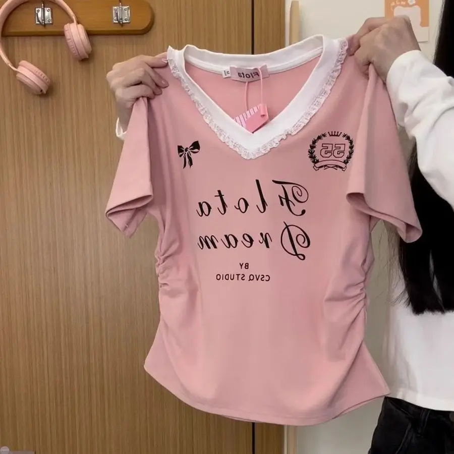 Summer Women's New Arrival Girl Style Waist-cinching Slimming Lace Spliced Letter V-neck Short Sleeve T-shirt