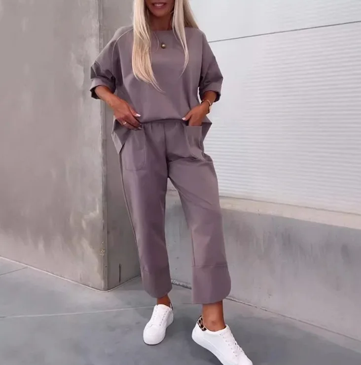 

Spring Autumn New Casual Two Piece Set Loose Commuting O-Neck Long Sleeve Pullover High Waist Pocket Trousers Set For Women
