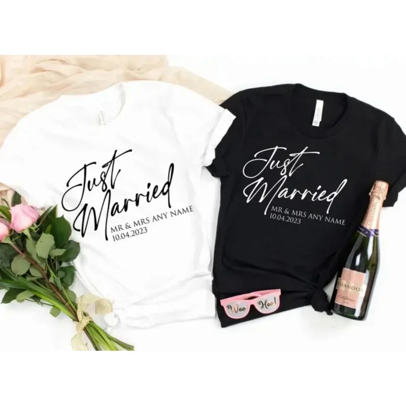 Women Cotton T-shirt Just Married Tee Personalised Husband and Wife Couples Honeymoon Finally Matching Wedding Tee Clothing Tops