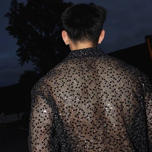 Langarmed Monochrom Fewsq-Pammy mit hellem Silberpailletten, American Nischen Design, Hollow Out Men's Tops, 24E1715, Fashion, 2024 8 Hauptverkäufe Silber Shirt - №5