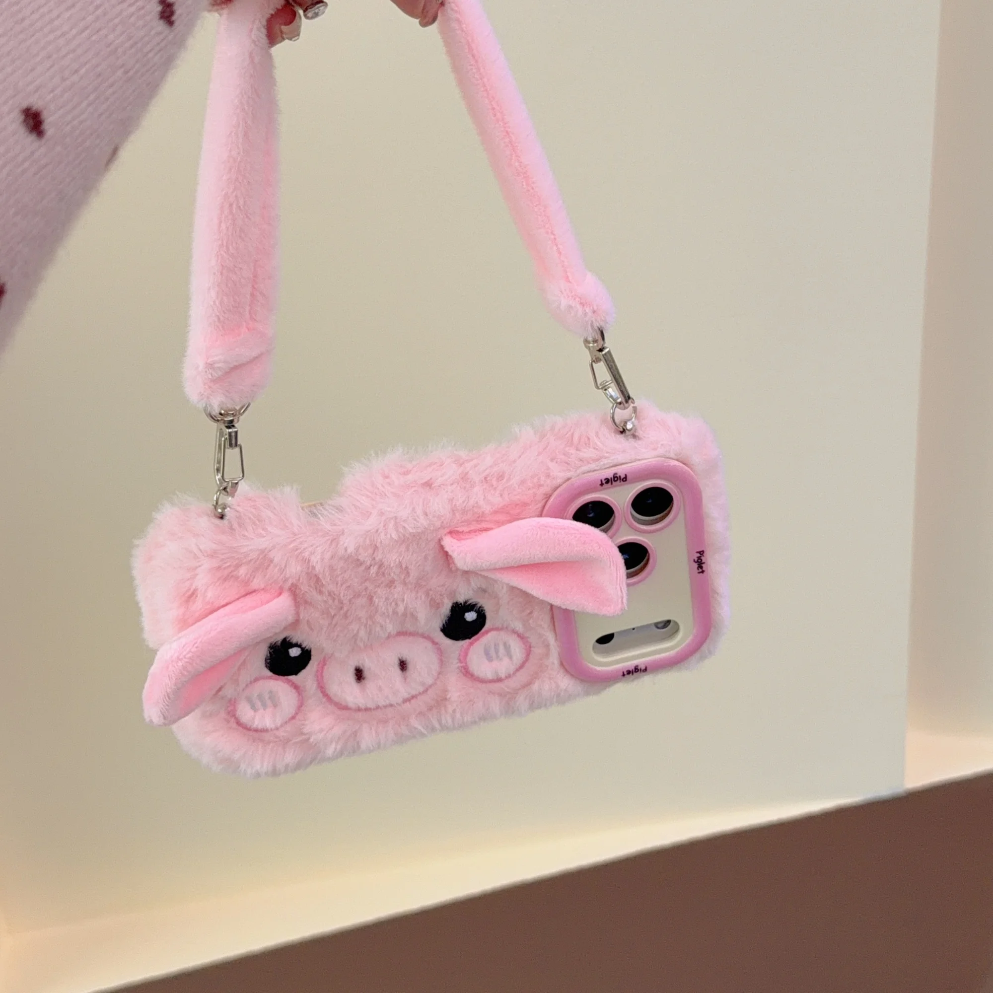 Cute 3D Retro Baby Call Plush Phone Case & Lens Kickstand Fluffy Fur Shockproof Cover for iPhone 11-17 Pro Max Winter Girly Gift