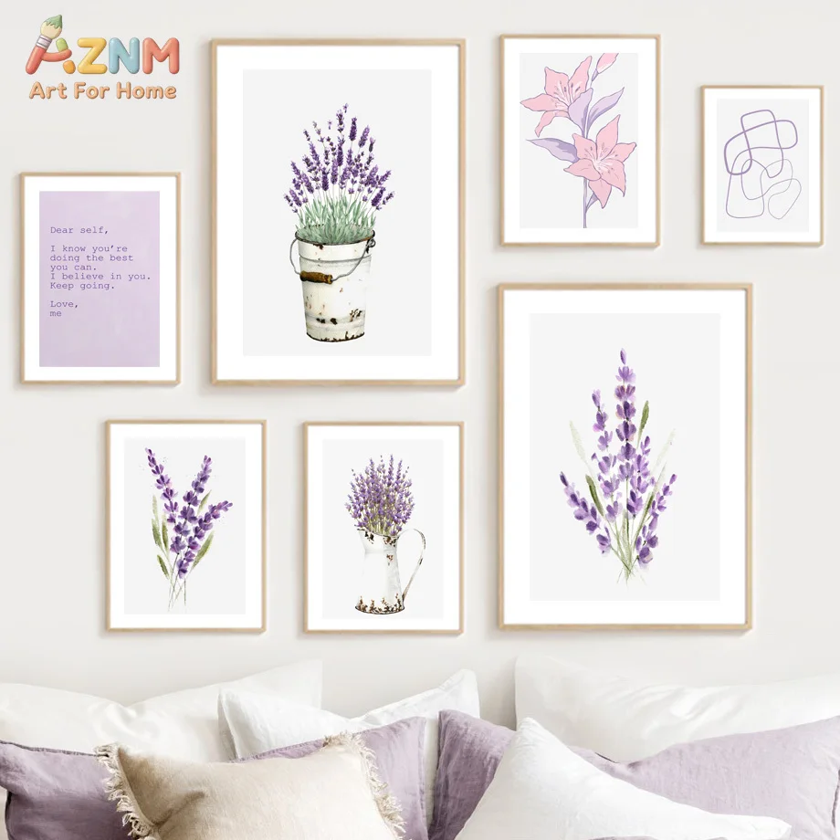 AZNM Soft Purple Lavender Watercolor Canvas Print Lily Abstract Line Positive Quote Minimalist Farmhouse Bedroom Wall Poster Unf