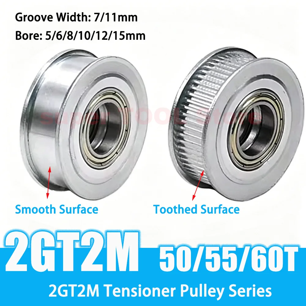 1Pc 2GT Timing Belt Tensioner Pulley 2M 50/55/60 Teeth Idler Pulley Groove Width 7/11mm Bore 5/6/8/10/12/15mm for 3D Printer CNC