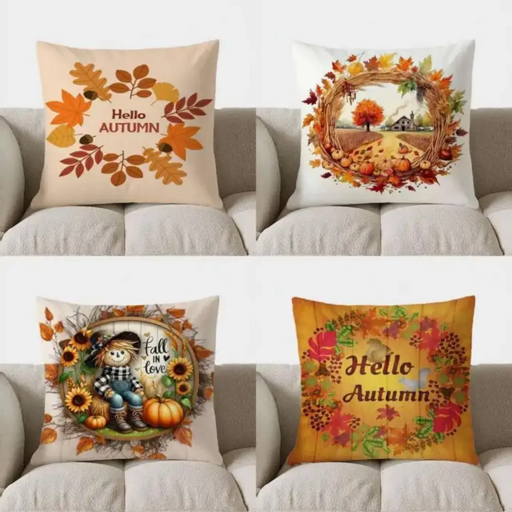 Farmhouse Fall Scarecrow Wreath Throw Pillow Cover Autumn Harvest Cushion Case Thanksgiving Rustic Home Decor Sofa Couch Bed