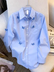 Zoki 3D Bufferfly Retro Shirts Women Loose Casual Korean Blue Blouse Long Sleeve Sweet Female Design Elegant Spring Tops New