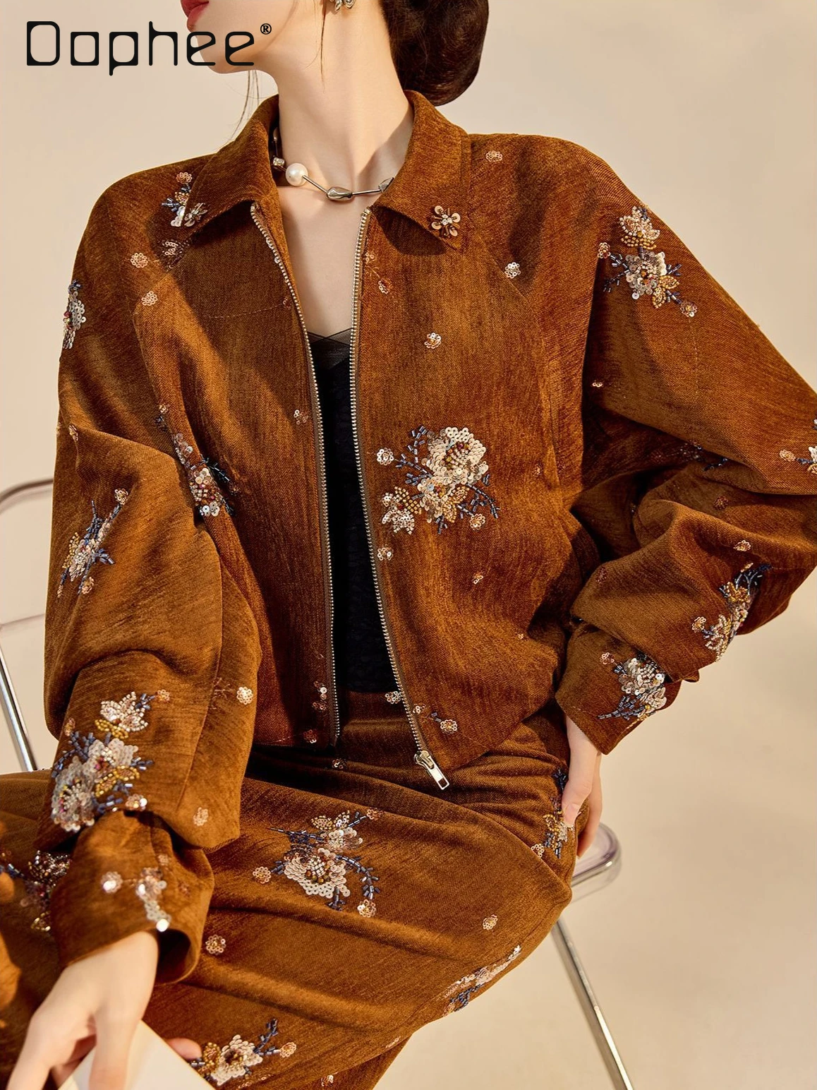 

Autumn Winter Vintage Elegant Luxury Embroidery Sequin Beaded Sets Lapel Short Jacket Midi A-line Skirt Vest Three-piece Set