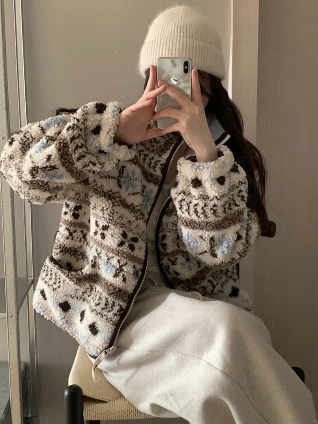 

Warmth ort Outerwear Women's Korean Version North European Sle Lamb Fur Stand Collar Coat Winter Aosphere Retro Fair Isle