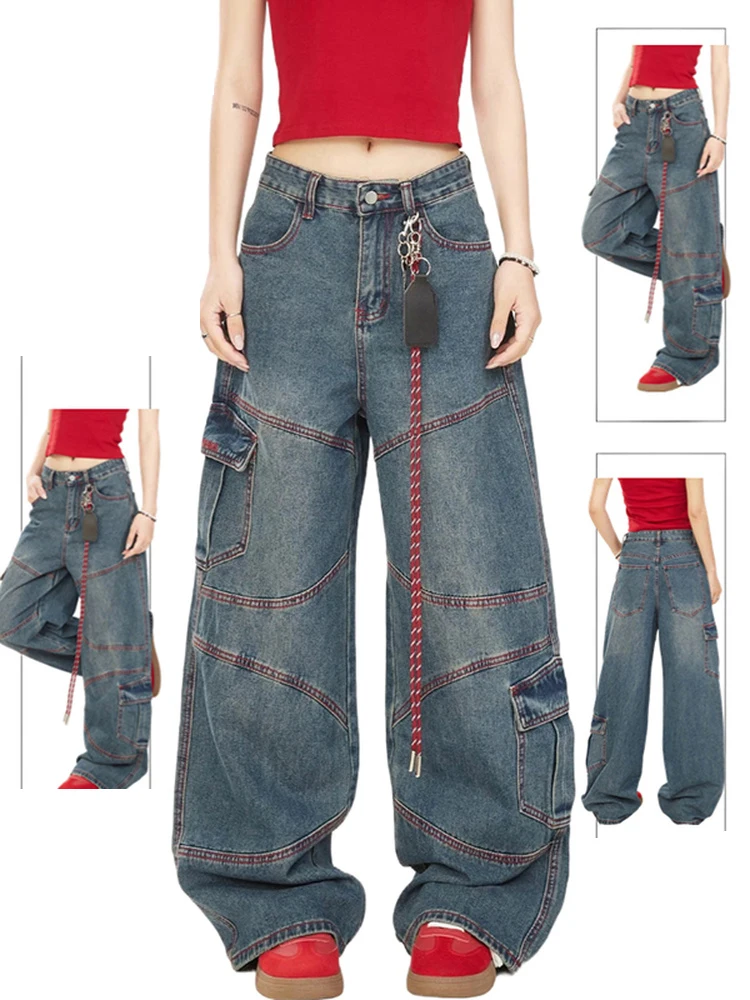 

Женские синие джинсы-карго Y2k в японском стиле 2000-х годов, мешковатые джинсовые брюки-бойфренды, винтажные джинсовые брюки в стиле Харадзюку в стиле хип-хоп, одежда 2025