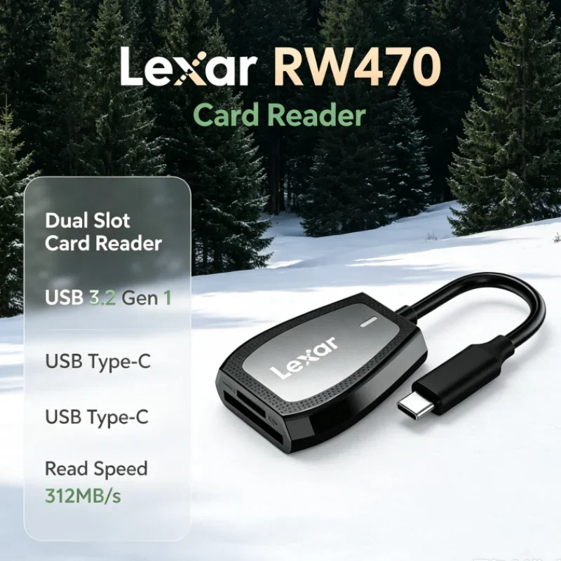 Lexar RW470 Card Reader 2-in-1 Dual Slot SD microSD Type-C USB 3.2 Gen1 UHS-II 312MB/s Read for Card Data Transfer