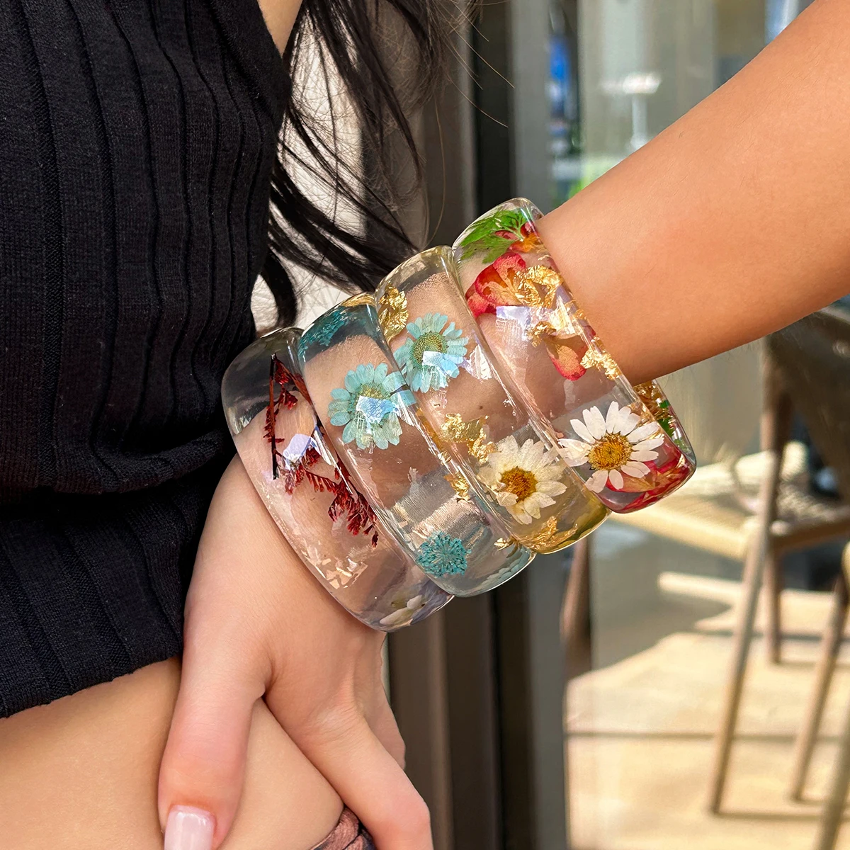 Ingemark Boho Vintage Colorful Flower Acrylic Resin Bangles Women Trend Korean Fashion Round Bracelets Y2K Couple Hand Jewelry