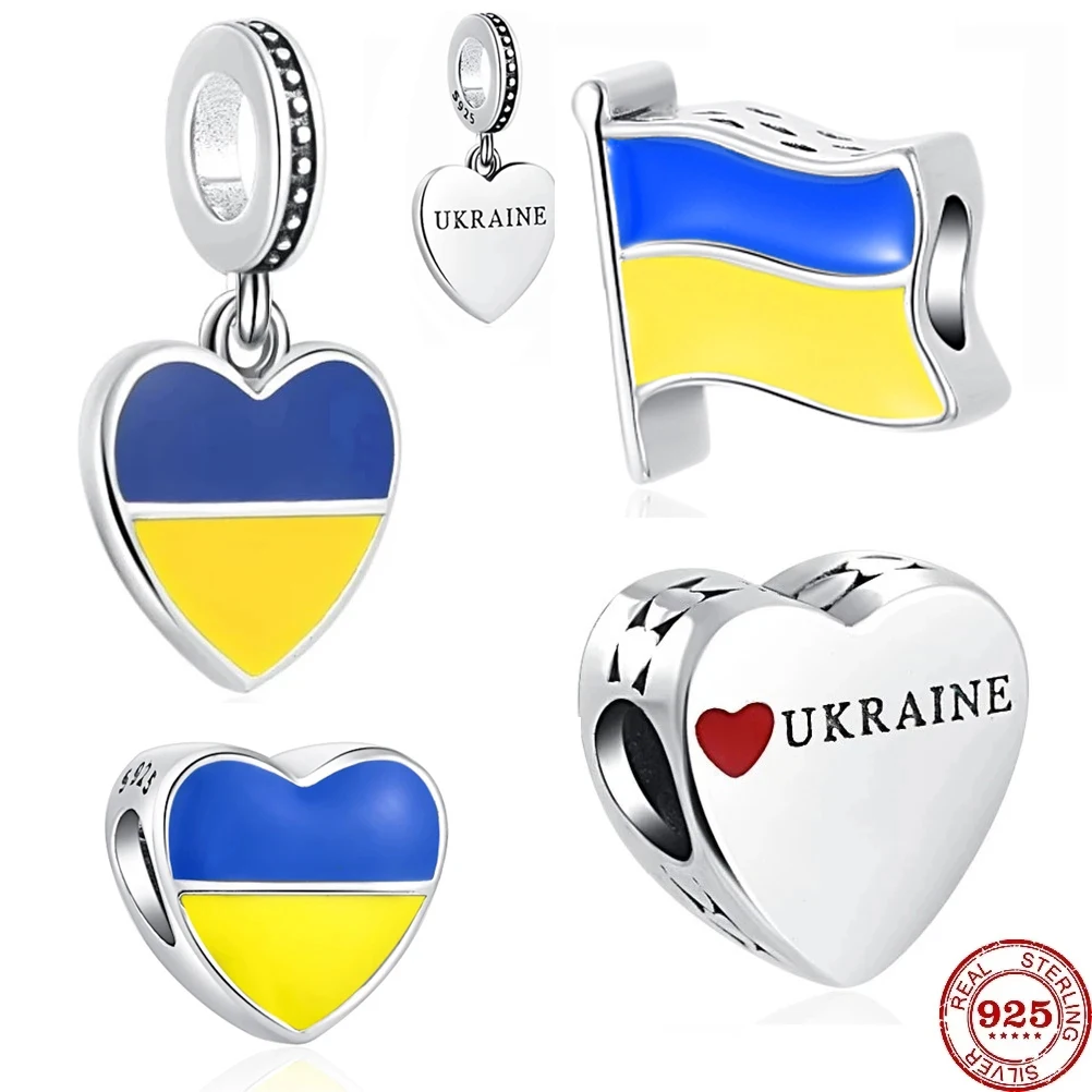 925 Sterling Silver Charm Ukrainian Flag Pendant Dangle Bead charms fit Original Pandora Bracelet For Women DIY Jewelry Trinket