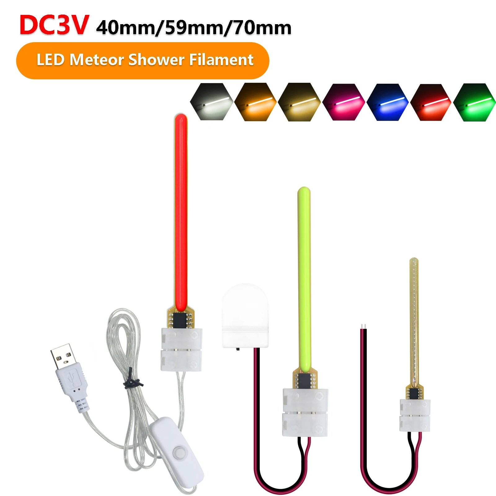 LED Meteor Shower Flowing Lamp DC 3V 40/59/70MM LED Cob Filament Diodes Pink Red Blue Green 2200K Incandescent Light DIY Parts