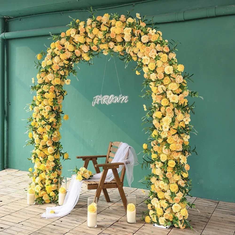 Yellow Series Artificial Rose Green Leaves Floral Arrangement Arche Mariage for Wedding Event Decoration Outdoor Party Props