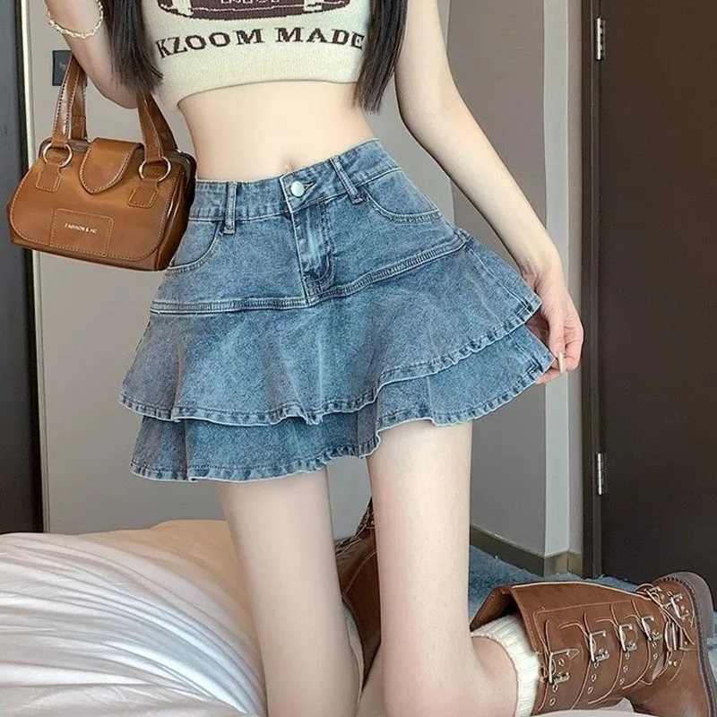 Ruffles Pleated Skirt For Women 2025 Summer New Korean Style High Waist A-Line Short Skirt Fashion Blue Denim Skirt