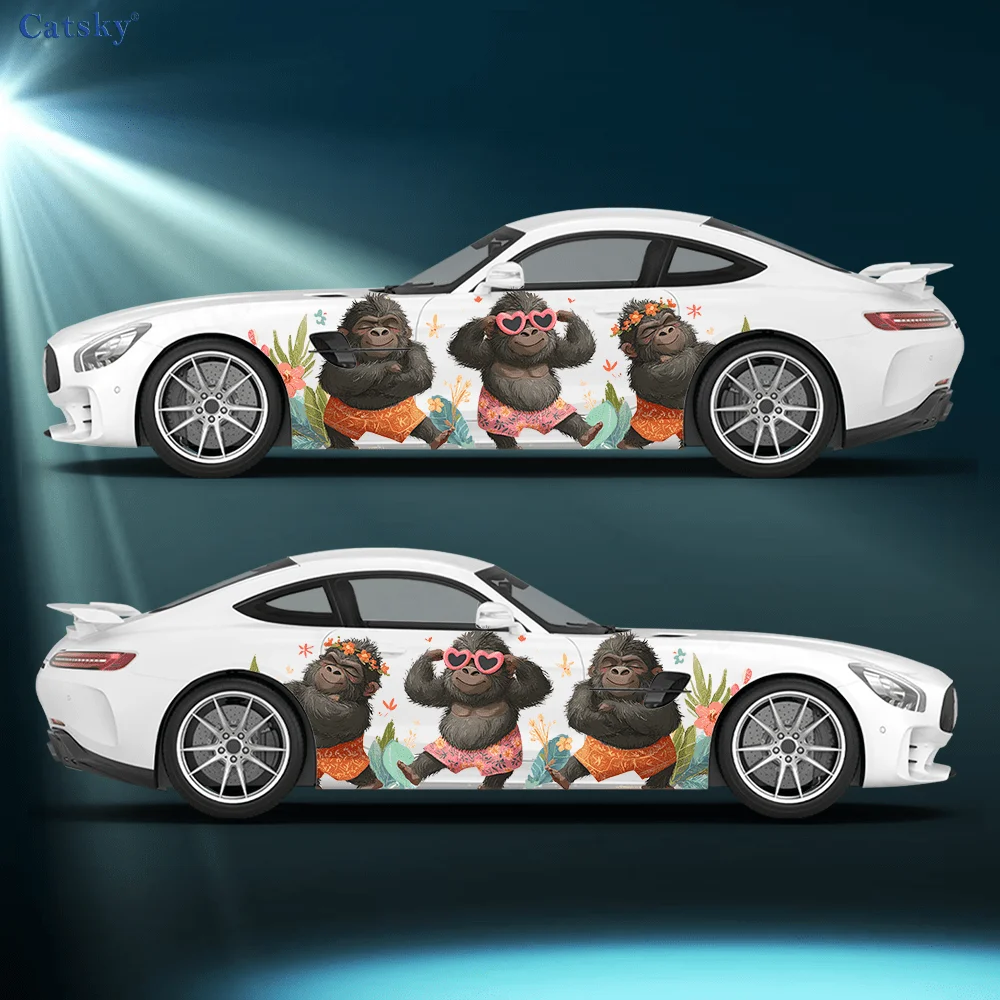 Three dancing cartoon gorilla Car Side Car Wraps, Self-Adhesive PVC Waterproof & Scratch-Resistant Stickers, Car Accessory Gift