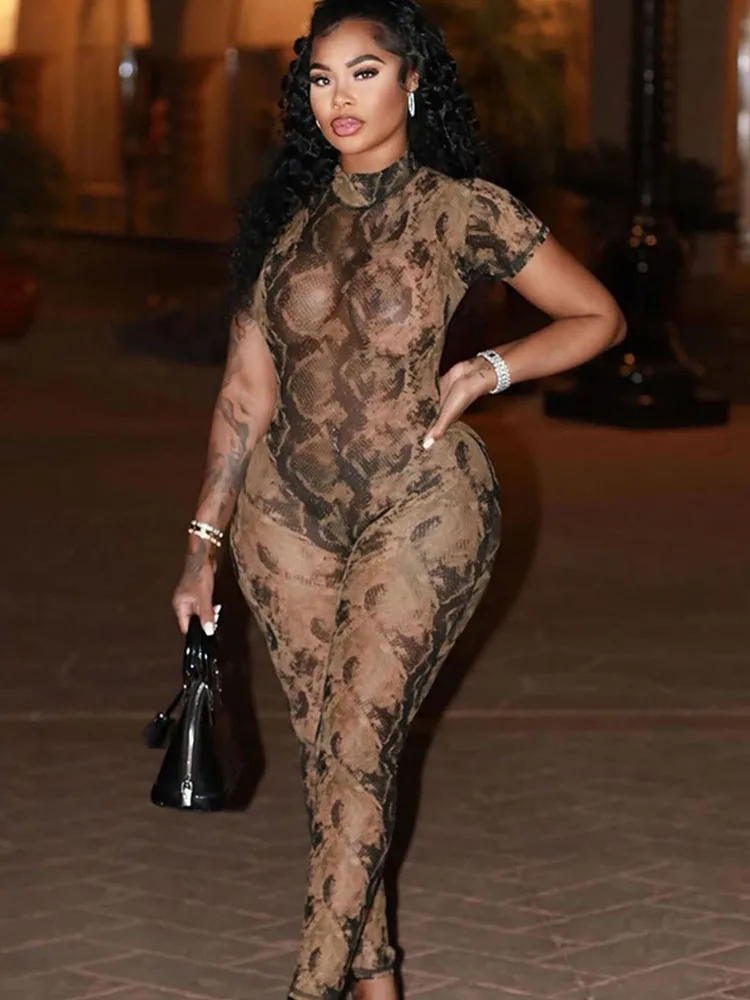 

Vintage Print See Through Mesh Jumpsuit Women 2025 Summer Short Sleeve Backless Rompers Night Club Party Overalls