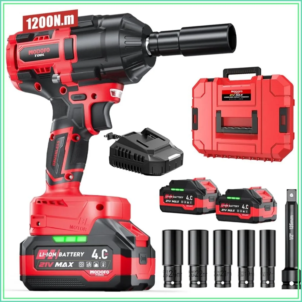 

Cordless Impact Wrench 1/2" 1200N.m High Torque 21V Brushless Electric Impact Driver 4.0Ah Battery 3000RPM for Car Tires