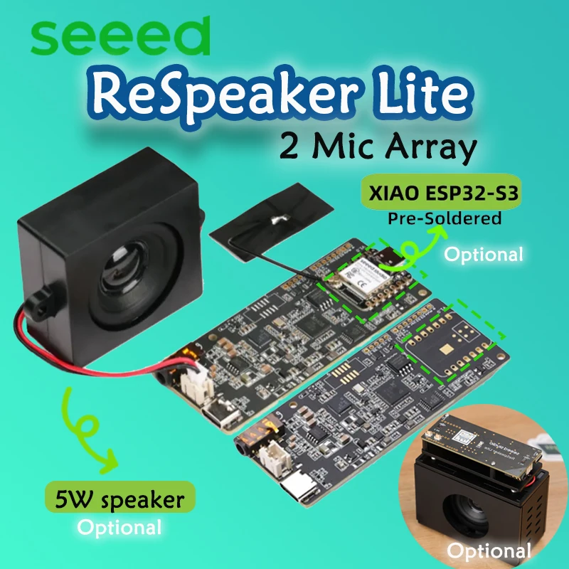 Seeed ReSpeaker Lite 2 Mic Array ESPHome Assistant ESP32S3 voorgesoldeerd/Mono ingesloten luidspreker-4R 5W/Acrylbehuizing Optioneel