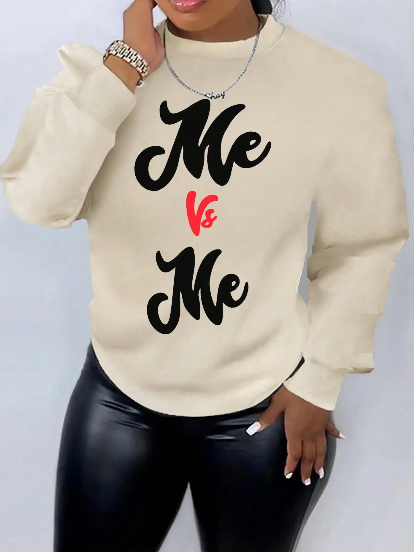 

Plus Size Women's 'Me Vs Me' Letter Print Crew Neck Sweatshirt, Casual Autumn Winter Top