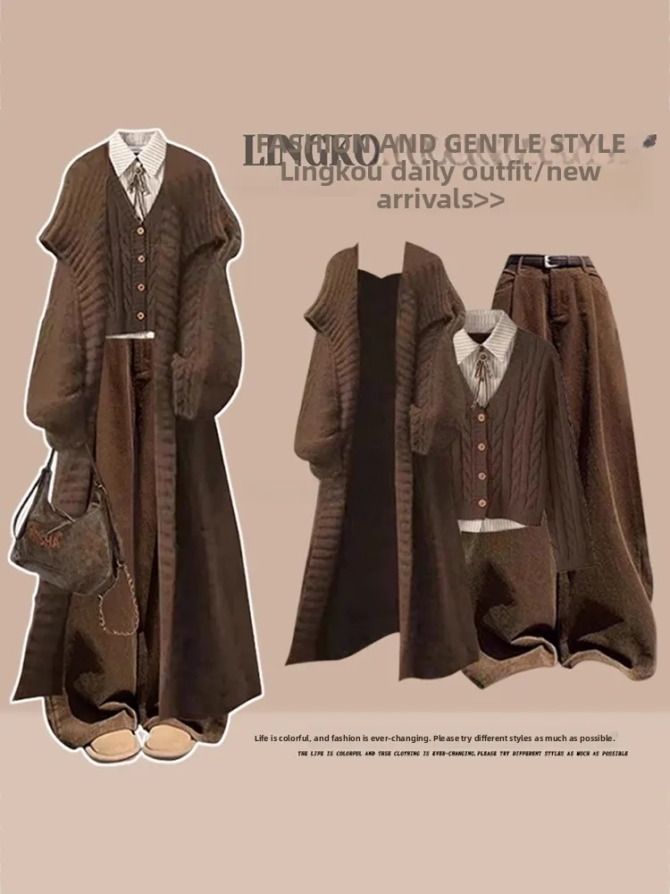 

Корейский стиль: вязаный свитер и брюки с широкими штанинами, женский комплект с удлиненной курткой, винтажный трехкомпонентный костюм для осени и зимы