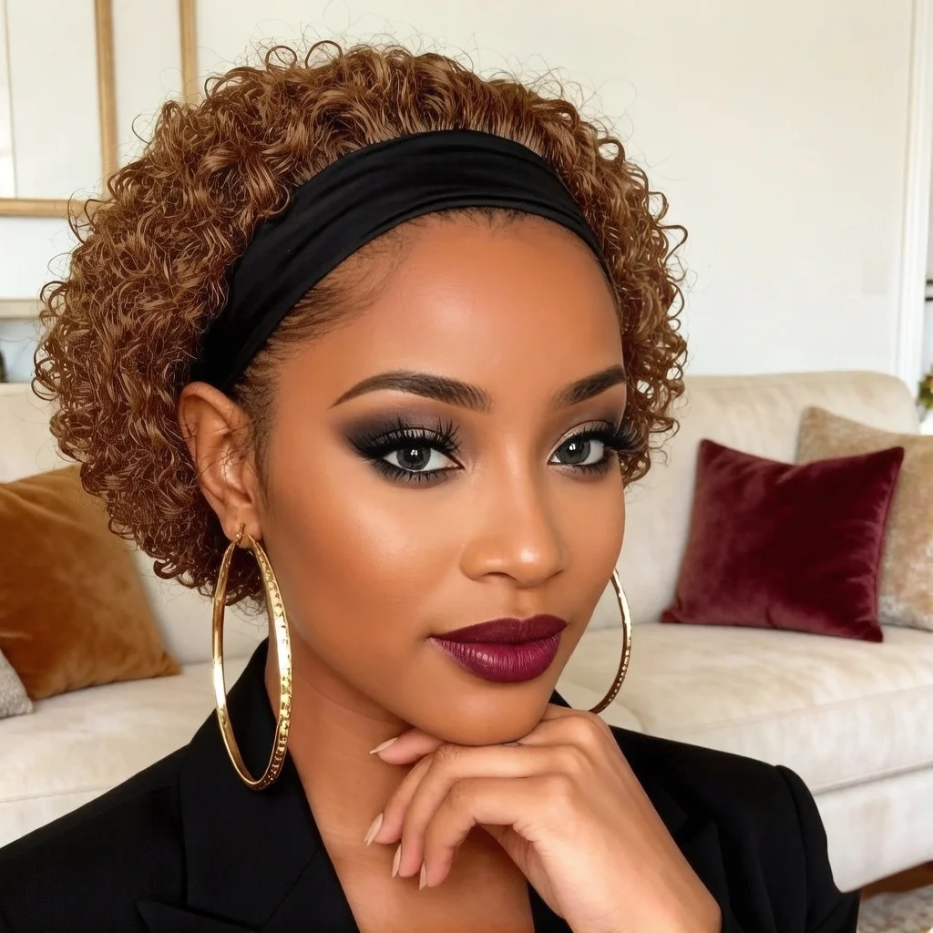 Women's Headband Human Hair Wig | Short Afro Water Wave Wig with Rose Net Cap | Ideal for Cosplay,full Machine Made