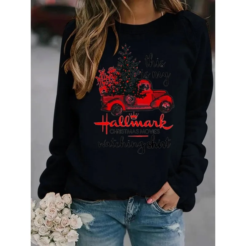 Christmas Tree Car Printed Long Sleeve Collar Loose Round Neck Hoodie Winter Autumn Graphic T Shirts  Women Clothing