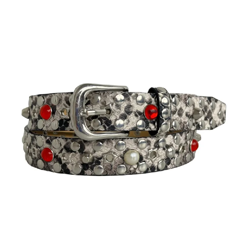 Women Snakeskin Print Belt Luxury Y2k Studded Gemstone Waistband Red Crystal Pearl Accents Punk Streetwear Accessory For Jeans