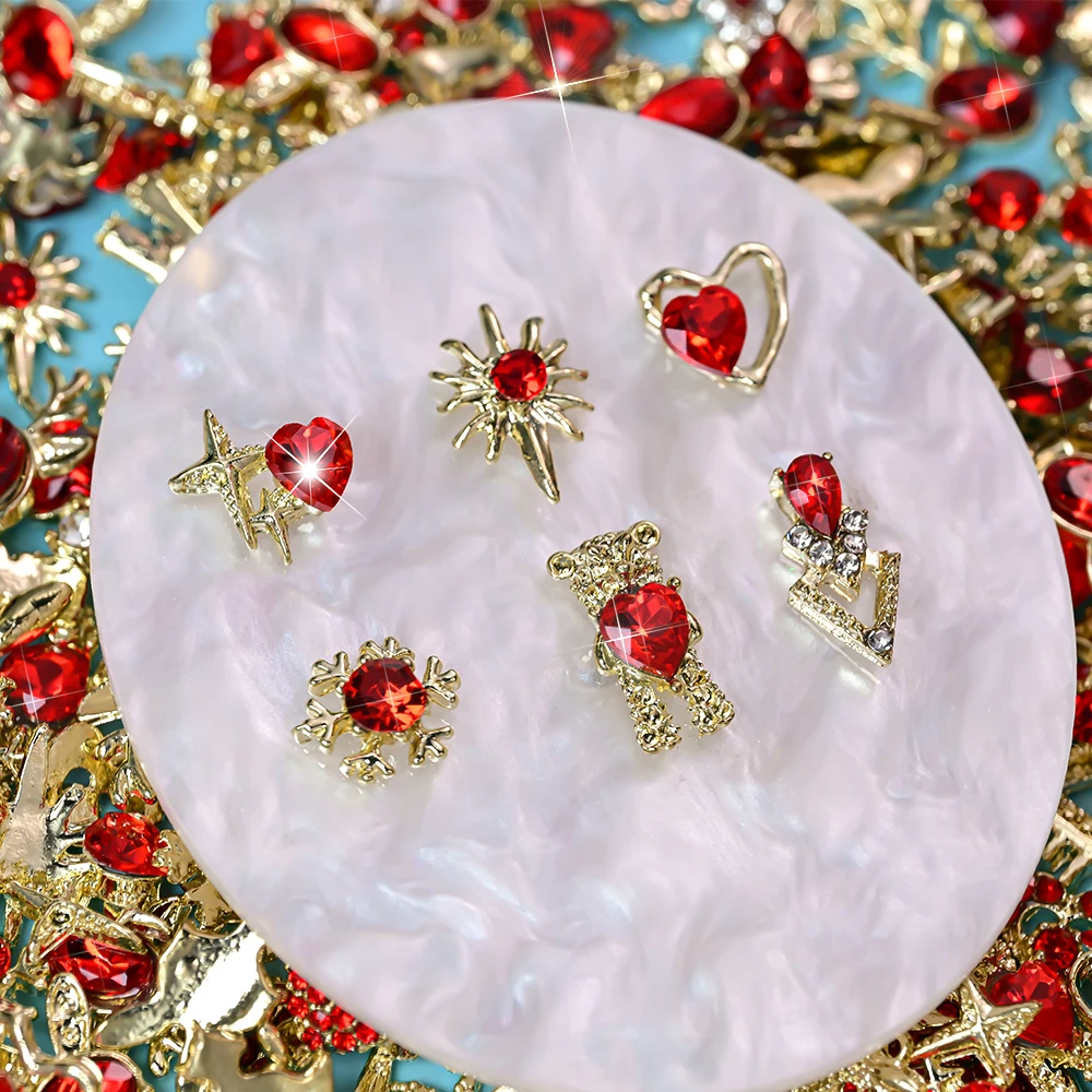 30PCS 3D Red Love Heart Crystal Nail Rhinestones Valentine's Day Luxury Gold Star Bunny Bear Heart Nail Decorations Nail Charms