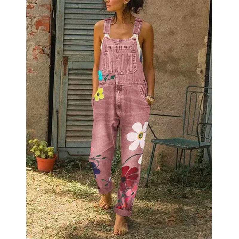 

Women Long Pant Denim Pants Overalls Jeans Floral One Piece Suspenders Straight Trousers Splice High Waist Casual Autumn New