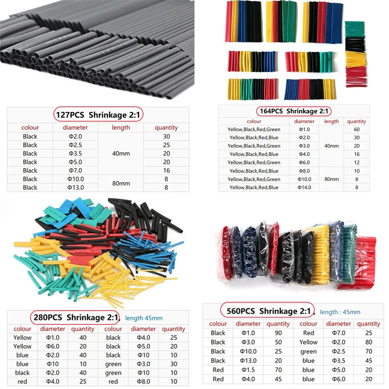 127/164/280/560PCS 2:1 Polyolefin Heat Shrink Tubing Kit, Multicolor Multi-size Electrical Connection Wire Cable Sleeving