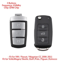 434MHz 3 pulsanti Keyless Uncut Flip Smart Remote Key Fob con Chip ID48 muslimfit per Volkswagen Passat B6 3C B7 Golf