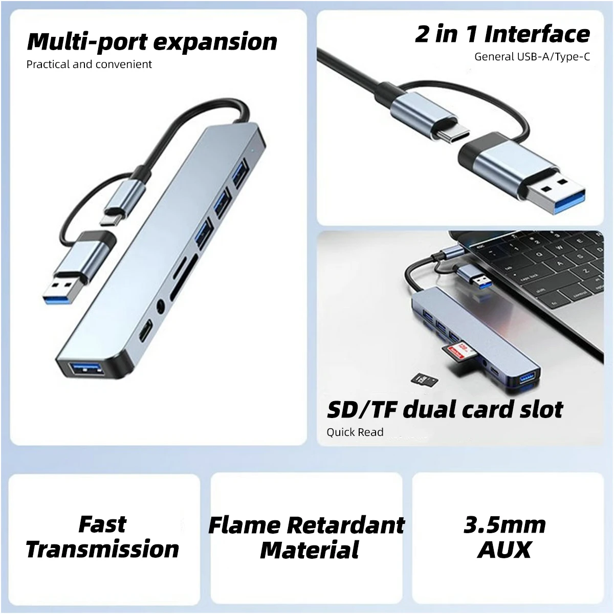 8 In 2 USB HUB With Splitter Card Reader USB C Port USB 3.0/2.0 SD/TF Splitter Card Reader Docking Station Adapter USB Expander