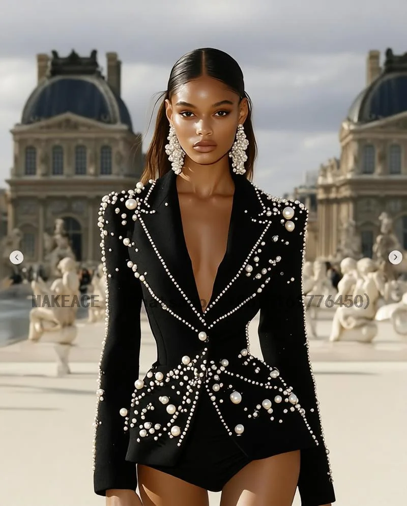 Black Women Suit 1 Piece Blazer Luxury Pearls Formal Office Lady Jacket Customized Wedding Tuxedos Coat Outfit