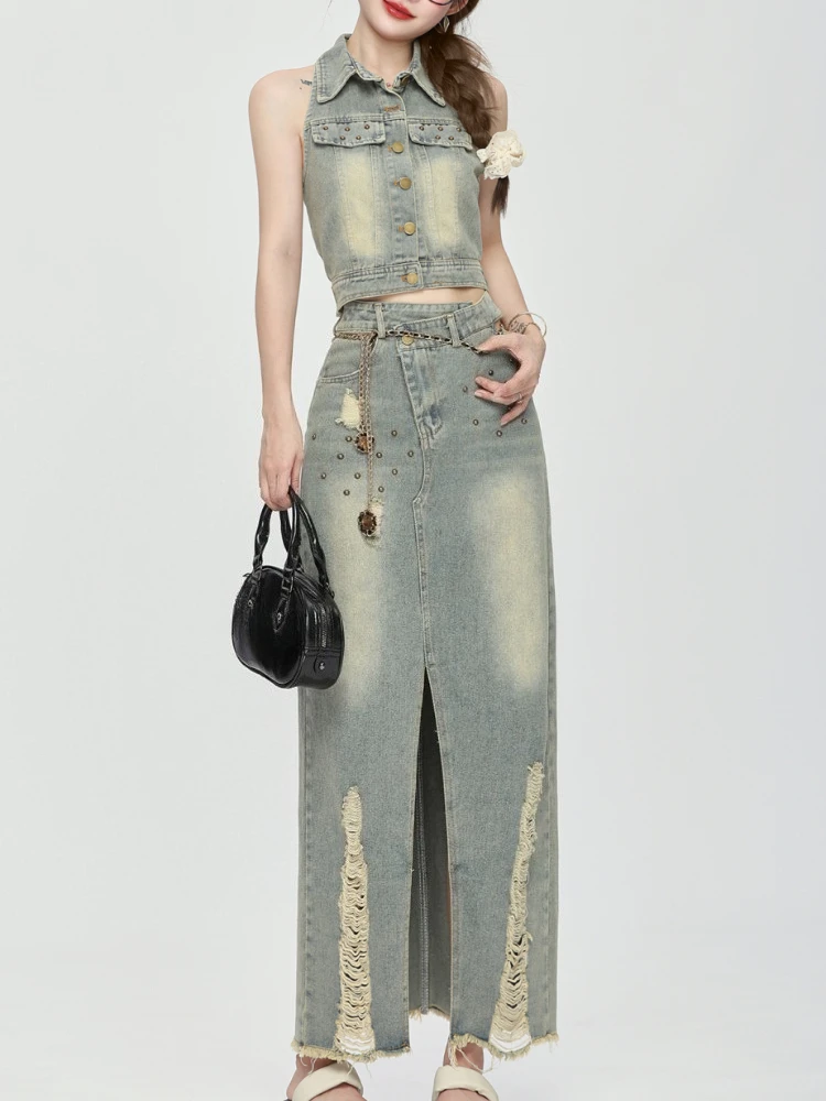 

Women Summer Denim Vest and High Waist Split Skirt Casual Two Piece Outfit Retro Style