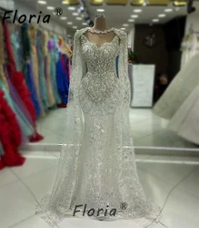 Dubai Arabic Crystal Beads Cape Sleeves Wedding Dress Heavy Rhinestones Customize Mermaid Bridal Dress Long Evening Party Gowns