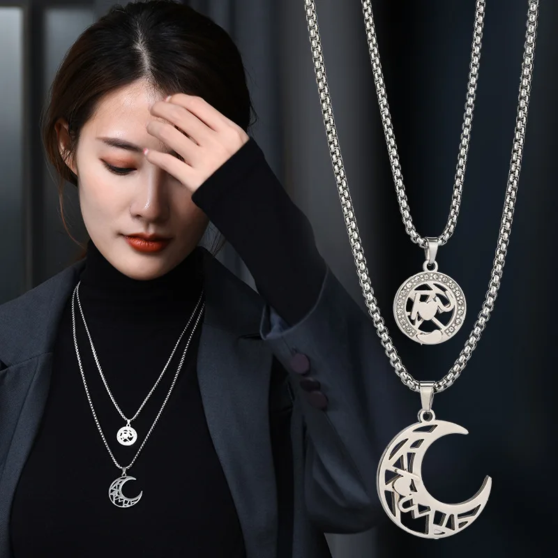 Punk Personality Sun Moon Couple Necklace Fashion Zircon Stainless Steel Keel Chain Pendant Men Women Party Jewelry Gift 2024