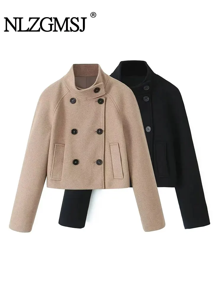 Nlzgmsj TRAF Elegant Woolen Coat Winter For Women Vintage Jacket Loose Stand Collar Double Breasted Warm Wool Jacket