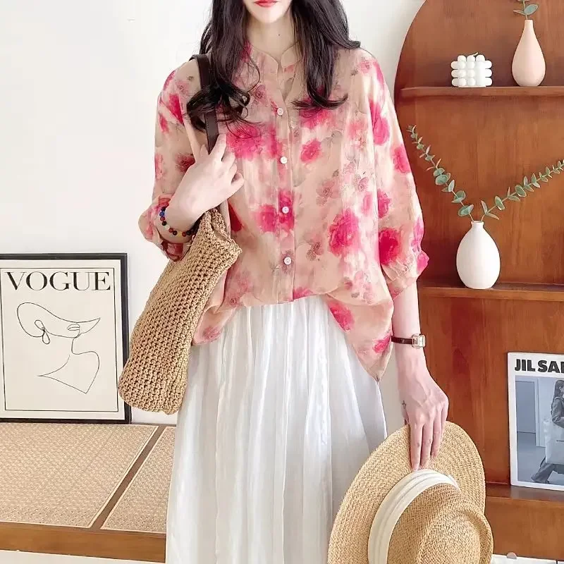 

Летняя новая стильная женская свободная художественная милая блузка с v-образным вырезом и цветочным принтом с короткими рукавами