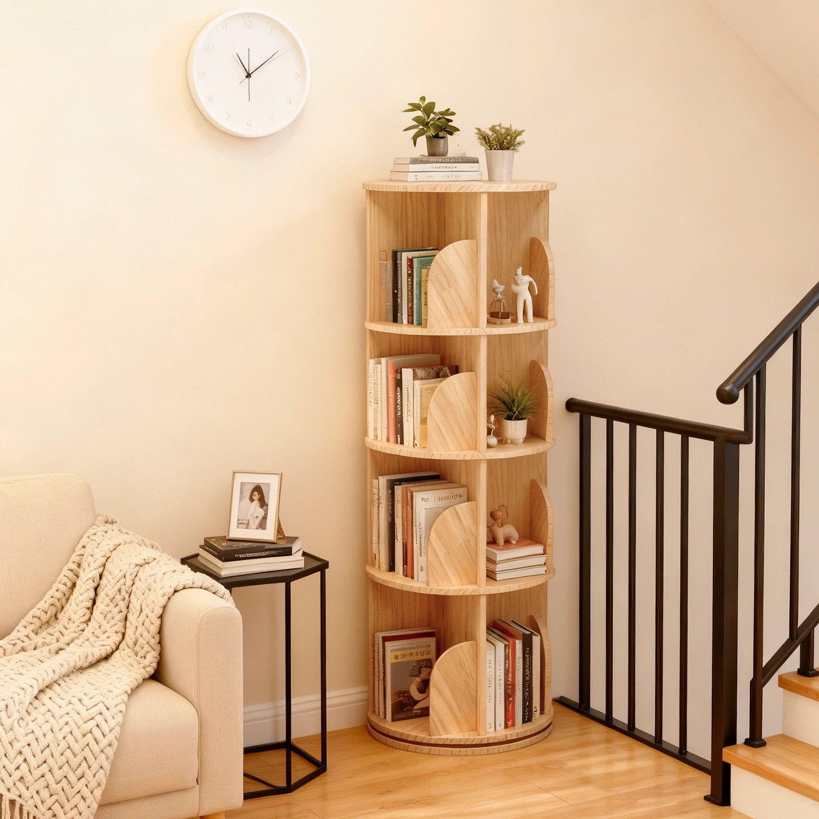 Solid Wood Rotating Bookcase, 360 Degree Standing Shelf, Floor Standing Bookcase